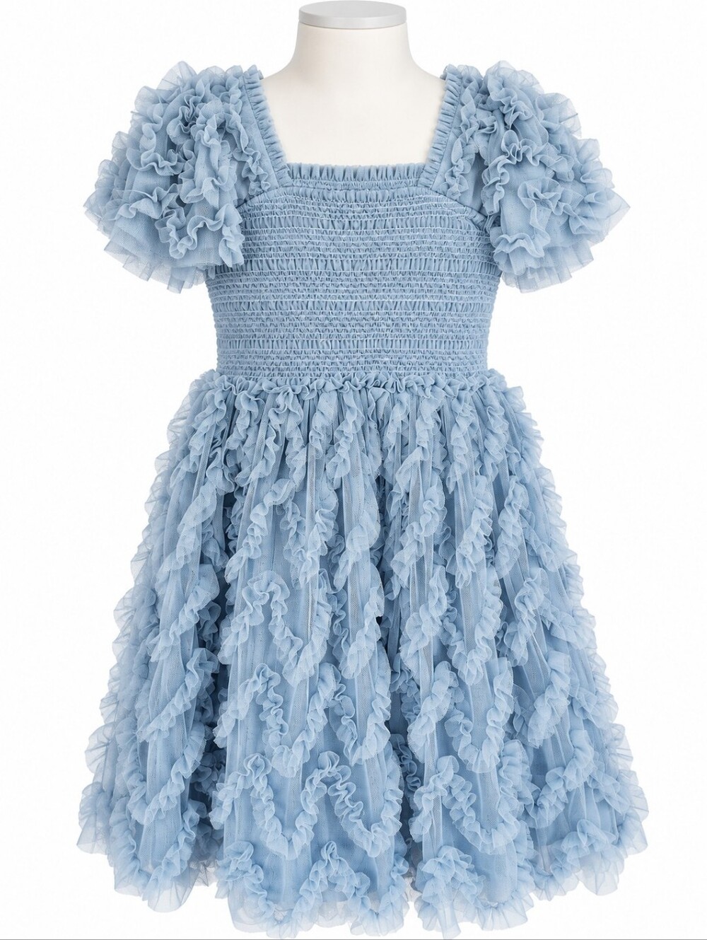 Ivy City Co Mini Cloud Nine Dress Girls 6-7T Powder Blue Ruffle Tulle Smocked